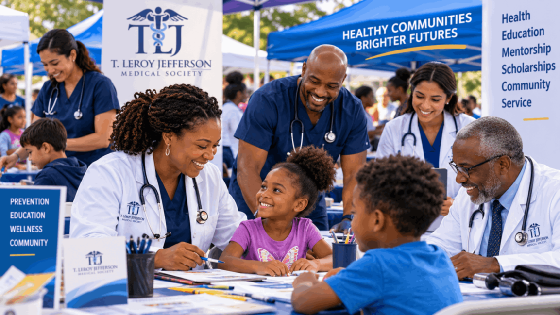 AI-generated illustration of healthcare professionals engaging children at a community health event.